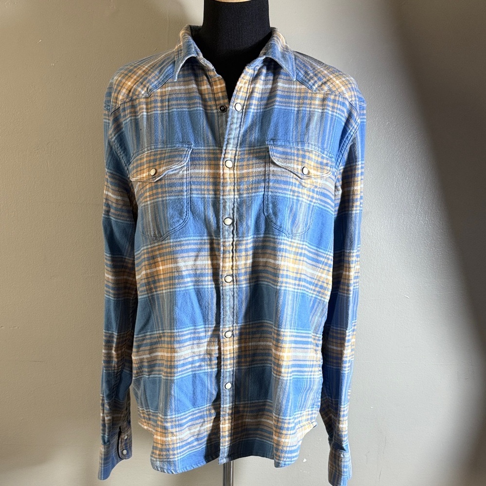 Lucky Brand Santa Fe Western Flannel Shirt Blue Gold White Plaid Snap Closure L